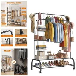 KORVIXA Double Clothes Rail Rack Garment Hanging Stand in Black - Size: 800mm - thumbnail 3