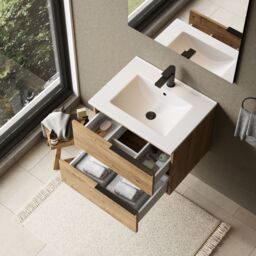 Banyetti Celtic 600mm Wall Hung Bathroom Vanity Unit with Lira Basin - Ostippo Oak in Light Oak - thumbnail 2