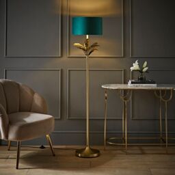 ValueLights Christina Velvet with Gold Inner Drum Shade Gold Palm Leaf Floor Lamp with Bulb in Bottle Green