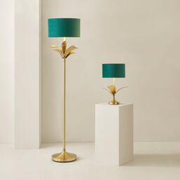 ValueLights Christina Velvet with Gold Inner Drum Shade Gold Palm Leaf Floor Lamp with Bulb in Bottle Green - thumbnail 7