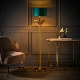ValueLights Christina Velvet with Gold Inner Drum Shade Gold Palm Leaf Floor Lamp with Bulb in Bottle Green - thumbnail 3