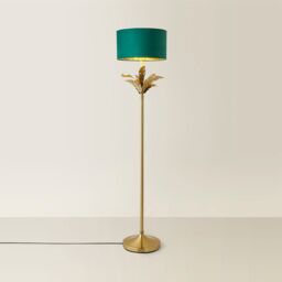 ValueLights Christina Velvet with Gold Inner Drum Shade Gold Palm Leaf Floor Lamp with Bulb in Bottle Green - thumbnail 6