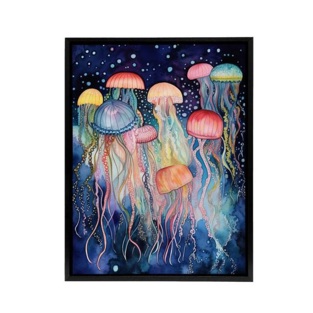 "Artery8 Colourful Watercolour Jellyfish Framed Canvas Wall Art Print - Size: W12"" x H16""" - image 1