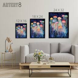 "Artery8 Colourful Watercolour Jellyfish Framed Canvas Wall Art Print - Size: W12"" x H16""" - thumbnail 4