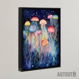 "Artery8 Colourful Watercolour Jellyfish Framed Canvas Wall Art Print - Size: W12"" x H16""" - thumbnail 2
