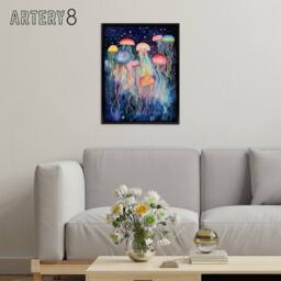 "Artery8 Colourful Watercolour Jellyfish Framed Canvas Wall Art Print - Size: W12"" x H16""" - thumbnail 3