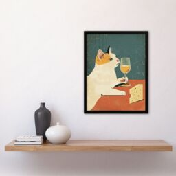 "Artery8 Cat Drinking Glass of Wine Cheese For Kitchen Framed Art Print - Size: W12"" x H16""" - thumbnail 2