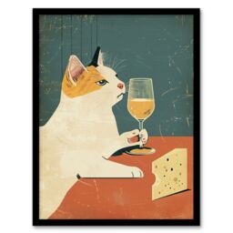 "Artery8 Cat Drinking Glass of Wine Cheese For Kitchen Framed Art Print - Size: W12"" x H16""" - thumbnail 1