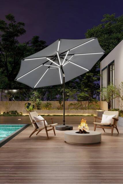 Garden Sanctuary 3m Solar Powered LED Outdoor Patio Umbrella with Plastic Fillable Base in Light Grey - image 1