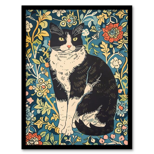 Artery8 Cat in the Flowers Portrait Animal Lover Framed Art Print in Blue - Size: A4 - image 1