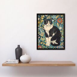 Artery8 Cat in the Flowers Portrait Animal Lover Framed Art Print in Blue - Size: A4 - thumbnail 4