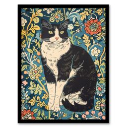 Artery8 Cat in the Flowers Portrait Animal Lover Framed Art Print in Blue - Size: A4 - thumbnail 1
