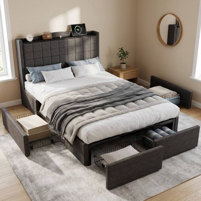 STILVORA 4ft6 Double Upholstered Bed with 4 Drawers, Grey Linen - image 1