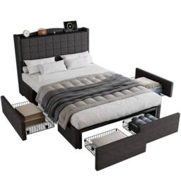 STILVORA 4ft6 Double Upholstered Bed with 4 Drawers, Grey Linen - thumbnail 6