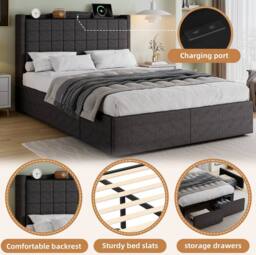 STILVORA 4ft6 Double Upholstered Bed with 4 Drawers, Grey Linen - thumbnail 8
