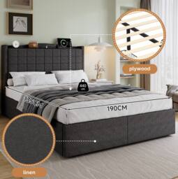 STILVORA 4ft6 Double Upholstered Bed with 4 Drawers, Grey Linen - thumbnail 7