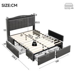 STILVORA 4ft6 Double Upholstered Bed with 4 Drawers, Grey Linen - thumbnail 4