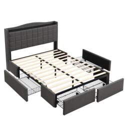 STILVORA 4ft6 Double Upholstered Bed with 4 Drawers, Grey Linen - thumbnail 5
