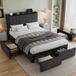 STILVORA 4ft6 Double Upholstered Bed with 4 Drawers, Grey Linen - thumbnail 2