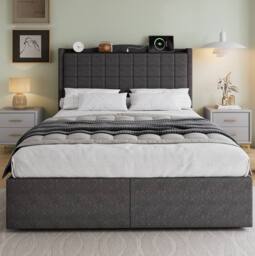 STILVORA 4ft6 Double Upholstered Bed with 4 Drawers, Grey Linen - thumbnail 3