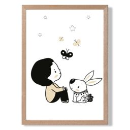 ARTZE Scandi Prince Little Boy with Rabbit Framed Print SIZE: A3 with Oak Frame in Black - Size: A4