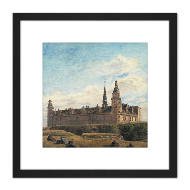 Artery8 Hansen Kronborg Castle Denmark Landscape Painting 8X8 Inch Square Wooden Framed Wall Art Print Picture with Mount in Black - image 1