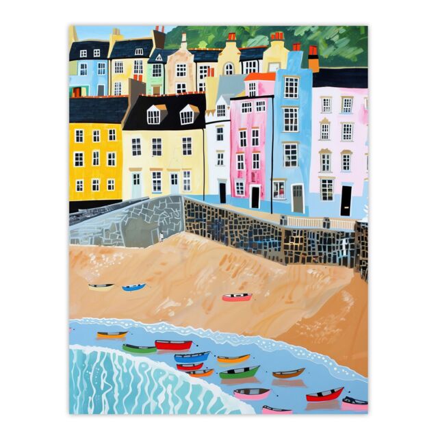 "Artery8 Tenby Beach Harbour Colourful Coastal Townscape Wall Art Print - Size: W18"" x H24""" - image 1