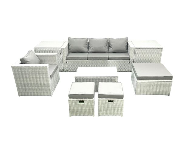 Fimous 8 Pieces Rattan Garden Furniture Set Outdoor Garden Sofa Chair Coffee Table Set with 2 Side Tables 3 Footstools Light Grey Mixed - image 1