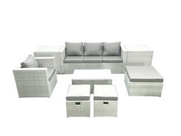 Fimous 8 Pieces Rattan Garden Furniture Set Outdoor Garden Sofa Chair Coffee Table Set with 2 Side Tables 3 Footstools Light Grey Mixed - thumbnail 2