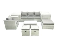 Fimous 8 Pieces Rattan Garden Furniture Set Outdoor Garden Sofa Chair Coffee Table Set with 2 Side Tables 3 Footstools Light Grey Mixed - thumbnail 1