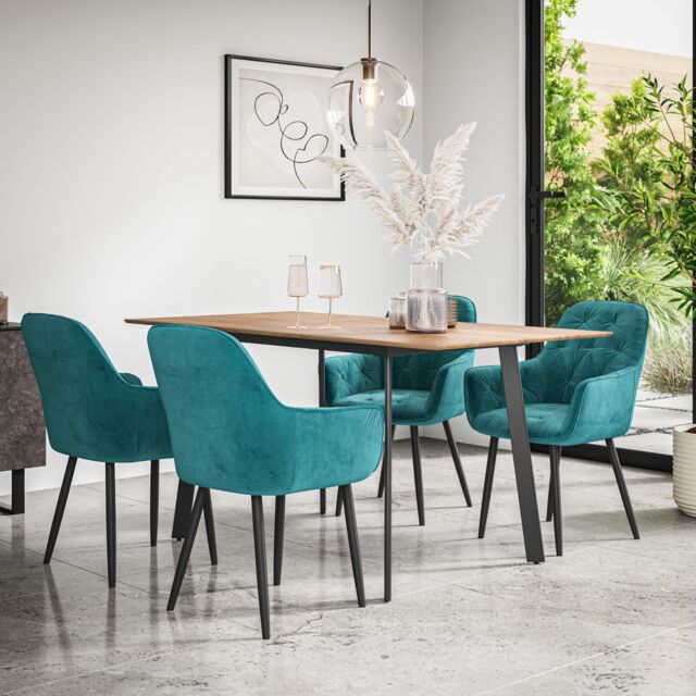 More4Homes Haydon Extending Dining Table & Chairs - Oak Effect Table Top w Black Legs + Anika Velvet Dining Chair Set Of 4 in Blue - image 1