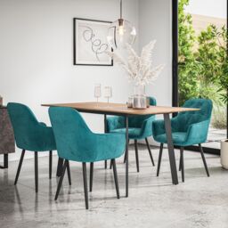 More4Homes Haydon Extending Dining Table & Chairs - Oak Effect Table Top w Black Legs + Anika Velvet Dining Chair Set Of 4 in Blue