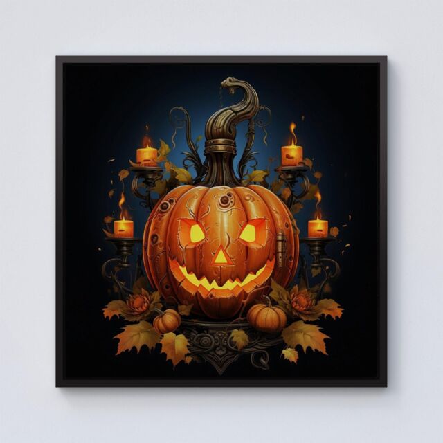 Warren Reed - Designer Spooy Pumpkin With Leaves & Small Candles Framed Canvas in Black - Size: w40 inch x h40 inch - image 1