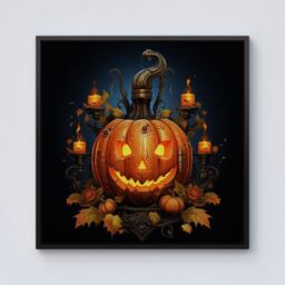Warren Reed - Designer Spooy Pumpkin With Leaves & Small Candles Framed Canvas in Black - Size: w40 inch x h40 inch - thumbnail 1