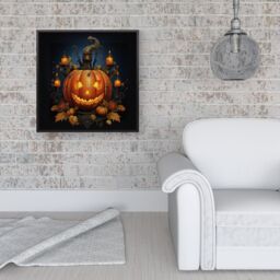 Warren Reed - Designer Spooy Pumpkin With Leaves & Small Candles Framed Canvas in Black - Size: w40 inch x h40 inch - thumbnail 2