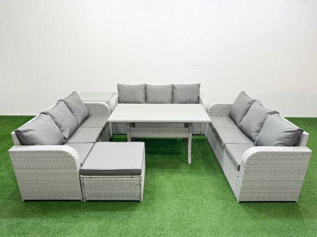 Fimous PE Rattan Lounge Sofa Set 10 Seater Outdoor Garden Furniture Set w/ Rectangular Dining Table 3 Seater Sofa Big Footstool Side Table Light Grey - image 1