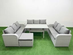 Fimous PE Rattan Lounge Sofa Set 10 Seater Outdoor Garden Furniture Set w/ Rectangular Dining Table 3 Seater Sofa Big Footstool Side Table Light Grey - thumbnail 2