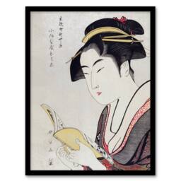 Artery8 Woman Portrait With Book Vintage Japan Framed Wall Art Print Kitagawa in Grey - Size: A4 - thumbnail 1