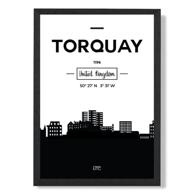 ARTZE Torquay Black & White City Skyline Framed Print SIZE: A4 with Black Frame - image 1