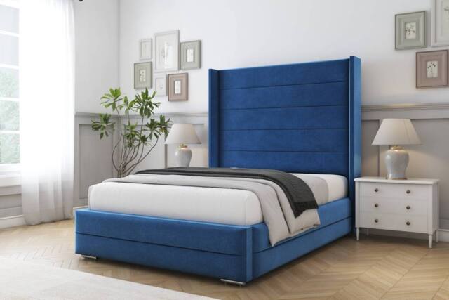 "Comfort Beds Milano Plush Bed Frame - 50"" Upholstered Wingback Headboard in Blue - Size: King" - image 1
