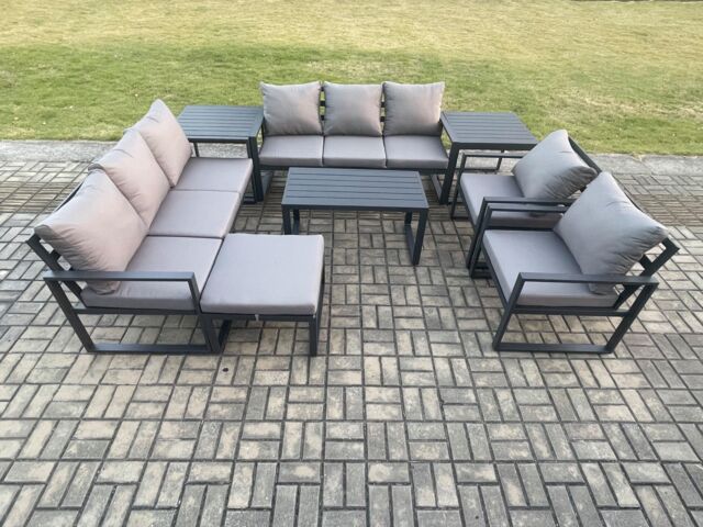 Fimous Aluminium Outdoor Garden Furniture Set 9 Seater Garden Sofa with Oblong Coffee Table Big Footstool 2 Side Tables Dark Grey - image 1