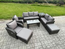 Fimous 9 Seater Outdoor Rattan Garden Furniture Set Rattan Lounge Sofa Set with Rectangular Coffee Table Side Table 2 Big Footstool Dark Grey Mixed - thumbnail 1