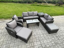 Fimous 9 Seater Outdoor Rattan Garden Furniture Set Rattan Lounge Sofa Set with Rectangular Coffee Table Side Table 2 Big Footstool Dark Grey Mixed - thumbnail 2