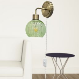 First Choice Lighting Set of 2 Toby - Antique Brass Plug in Wall Lights Green Globe Shades in Gold - thumbnail 5
