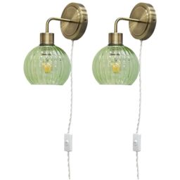 First Choice Lighting Set of 2 Toby - Antique Brass Plug in Wall Lights Green Globe Shades in Gold