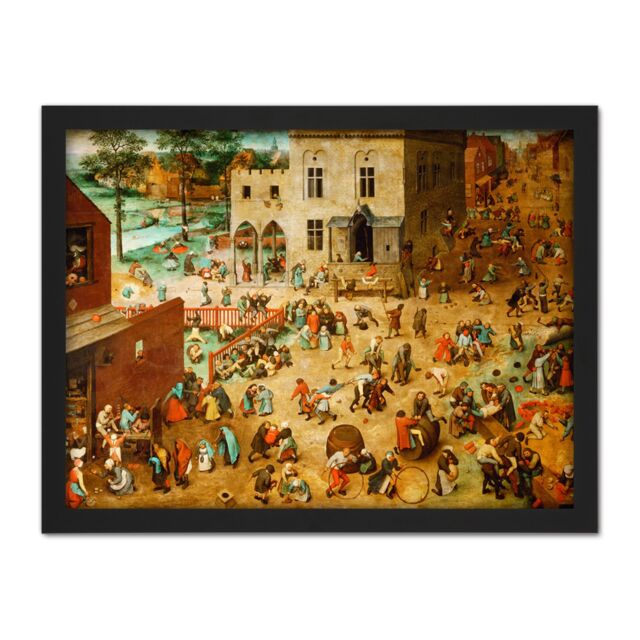 "Artery8 Wall Art Print Pieter Bruegel The Elder Childrens Games Large Framed Wall Décor Art in Light Oak - Size: W18"" x H24""" - image 1
