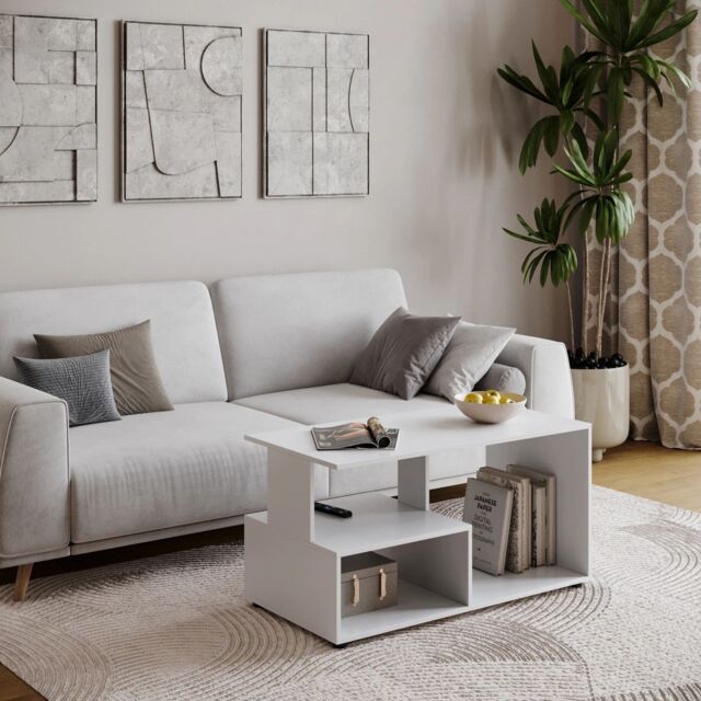 EONLION White Wooden Side Coffee Table With Storage Shelves TV Stand 160cm - image 1