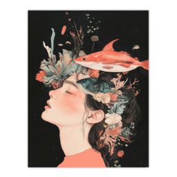 "Artery8 Sea Dream Coral Reef Fish Woman Surreal Portrait Wall Art Print in Orange - Size: W24"" x H32""" - thumbnail 1