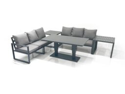 Fimous 6 Seater Aluminium Outdoor Garden Furniture Set with Adjustable Rising Lifting Dining Table 3 Seater Sofa 2 Side Tables Dark Grey - thumbnail 1