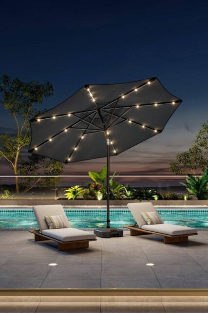Garden Sanctuary 3m Patio Outdoor Crank Parasol Solar 24 LED Lights with Plastic Fillable Base in Dark Grey - image 1